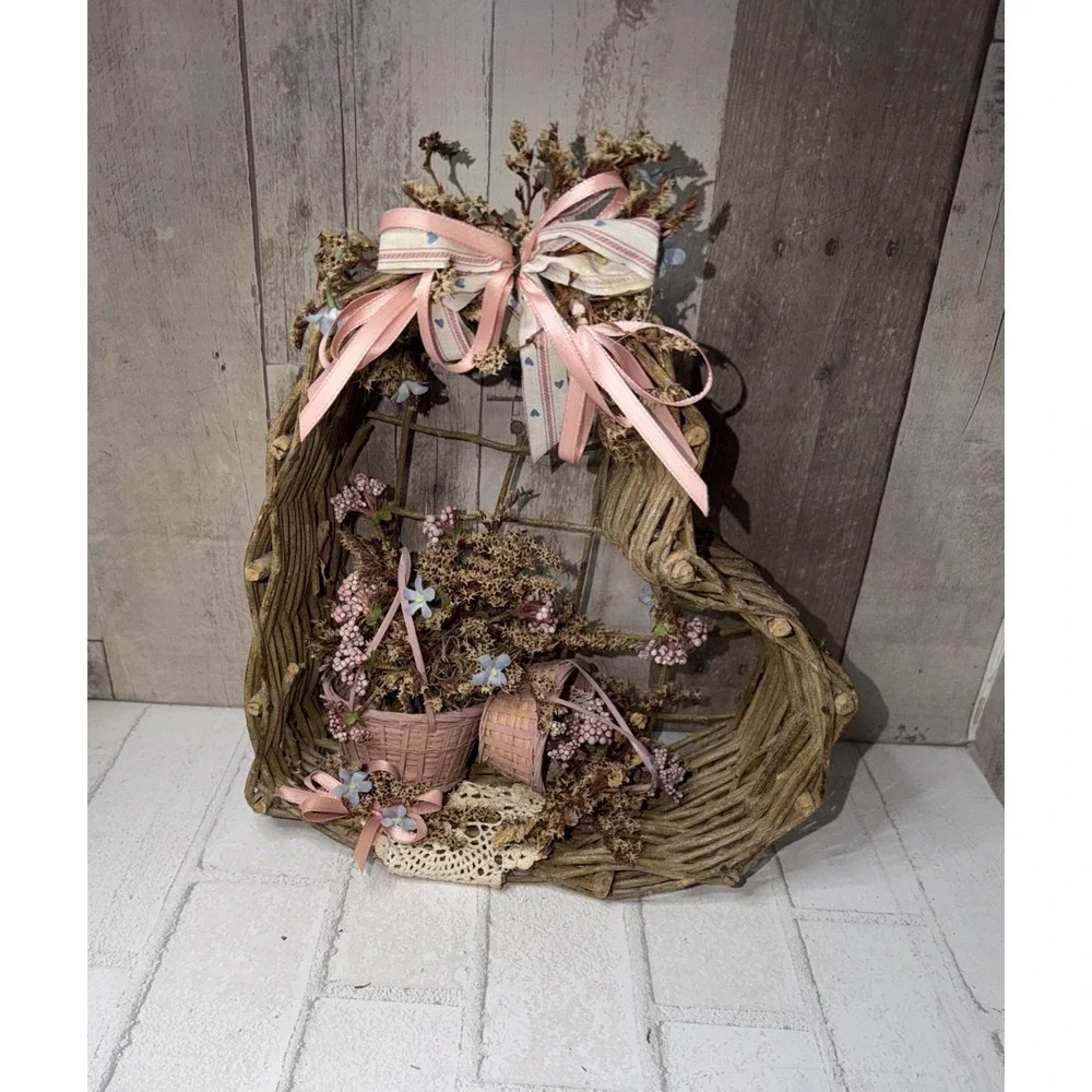 Twig Heart Wreath Primitive Rustic Country Cottage Pink Floral Basket Wall Decor